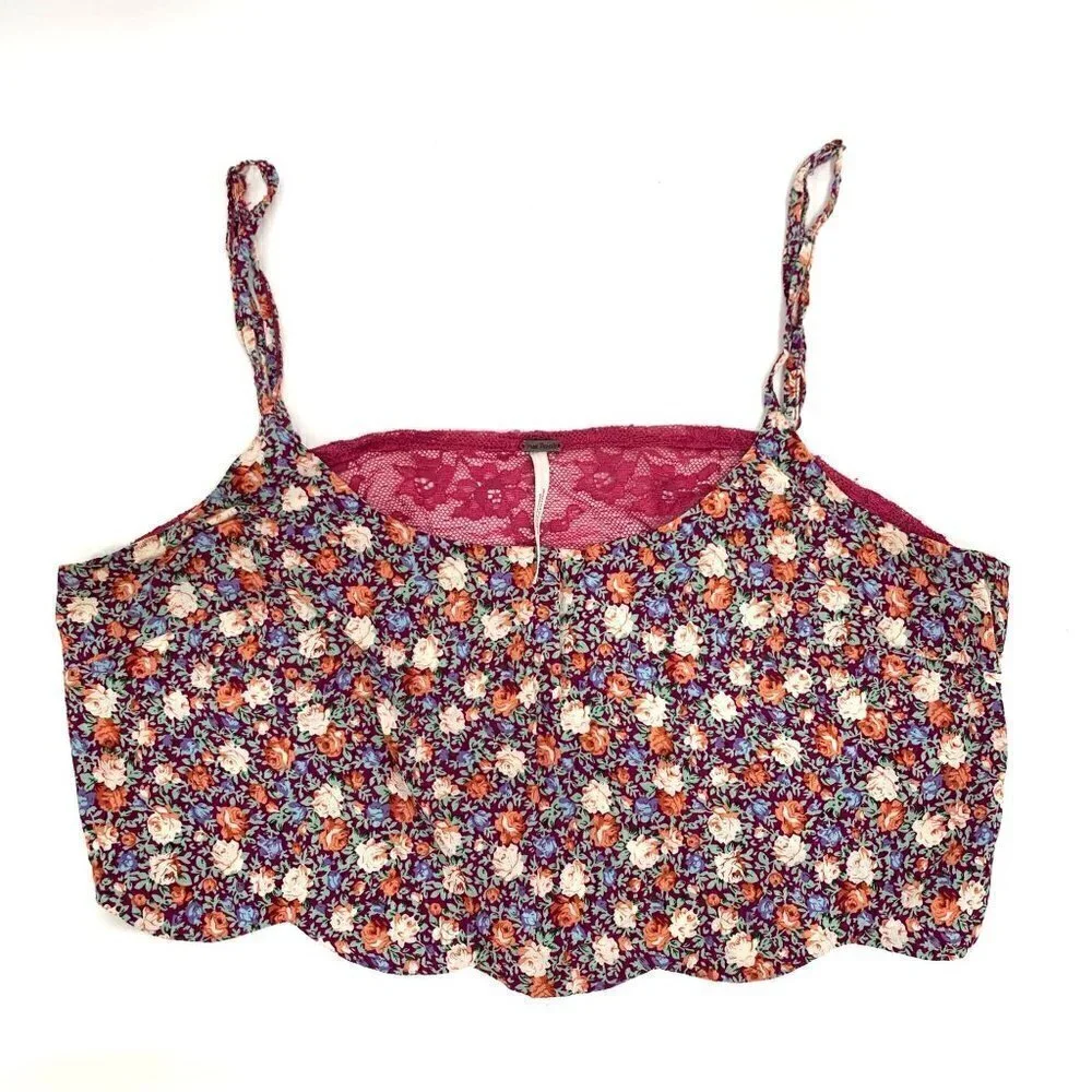 Free People Floral Lace Cropped Bandeau Top Sheer Back - Pink/Multicolor, Sz Sm